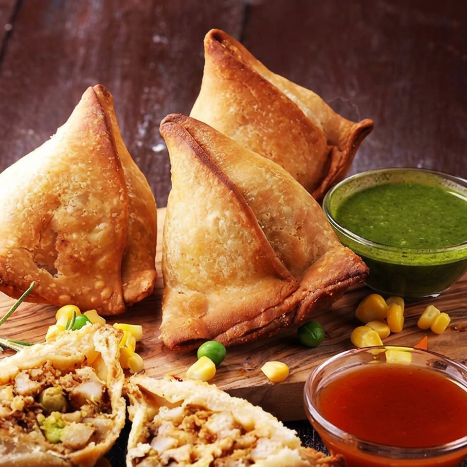 Golden samosas and halved stuffed pastries with green and red dipping sauces on a wooden serving board.