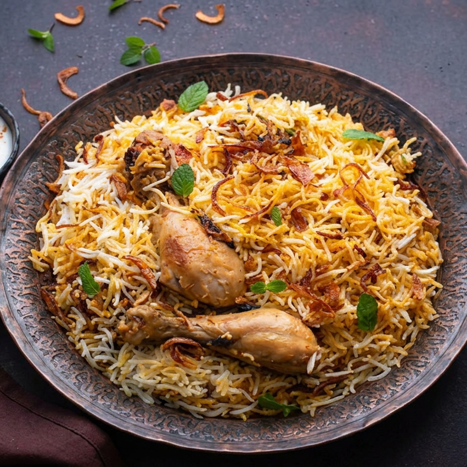 Platter of chicken biryani garnished with fried onions and mint, served with spiced yogurt on a dark table.