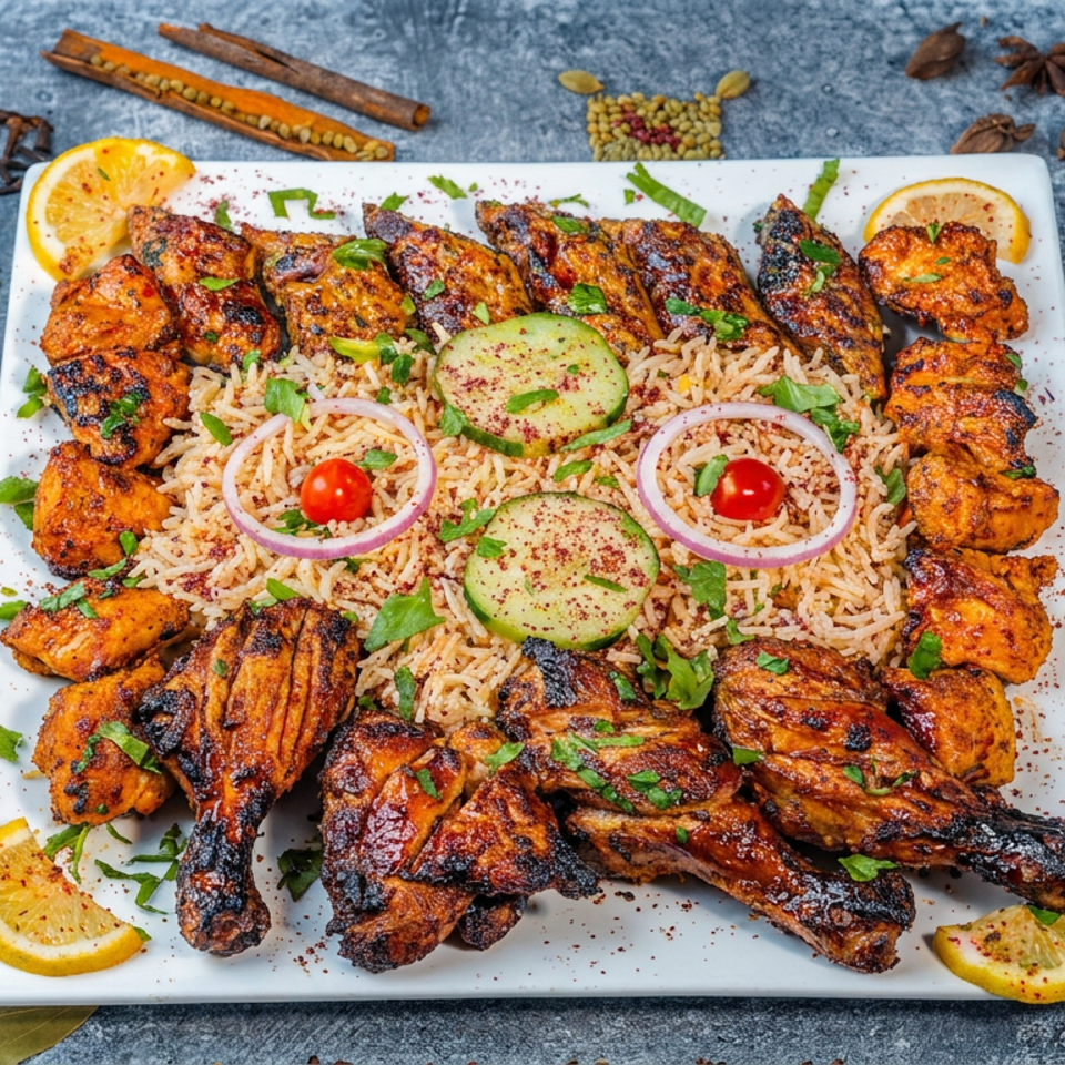 Indian-style grilled chicken platter with spiced rice, onions, tomatoes, cucumber, lemon wedges, and scattered spices.