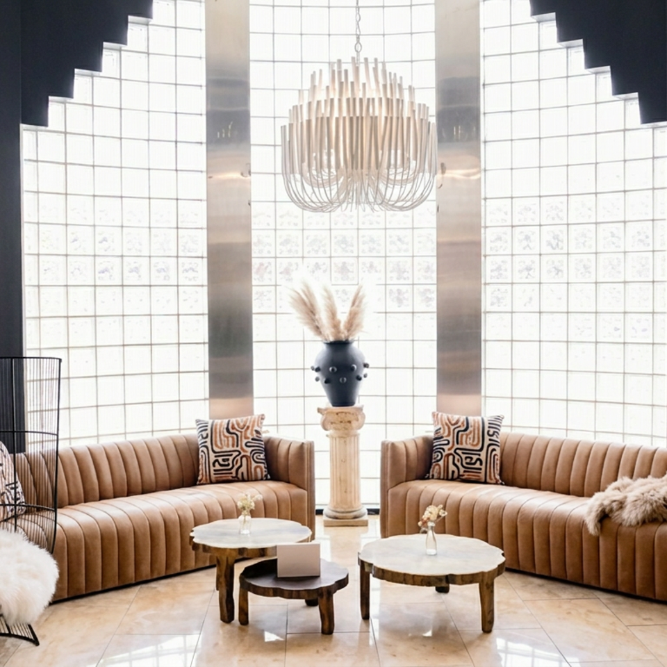 Luxurious restaurant lounge with tan curved sofas, patterned cushions, marble tables, plants, chandelier, and glowing glass-block windows.