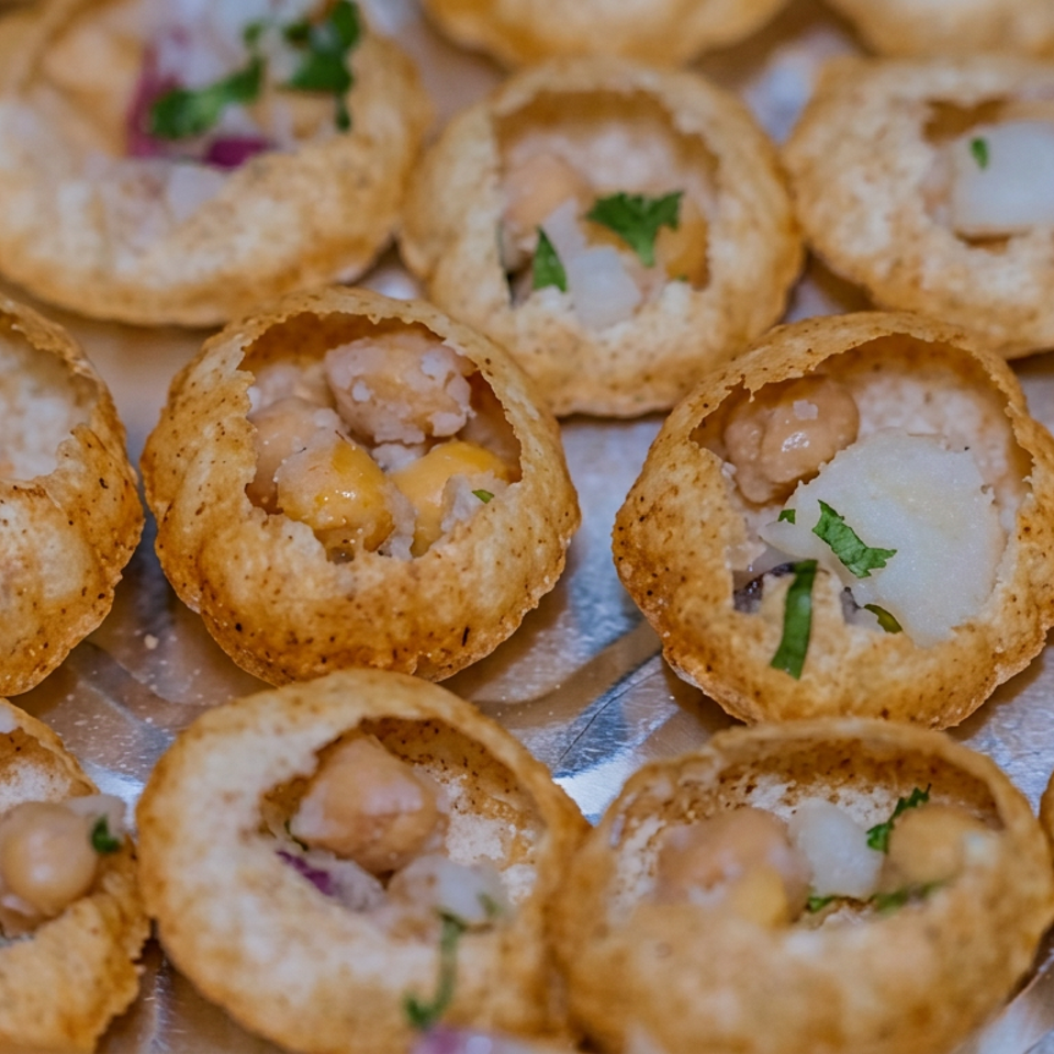 Crispy pani puri shells filled with chickpeas, potatoes, yogurt, onions, and fresh cilantro on a metal tray.