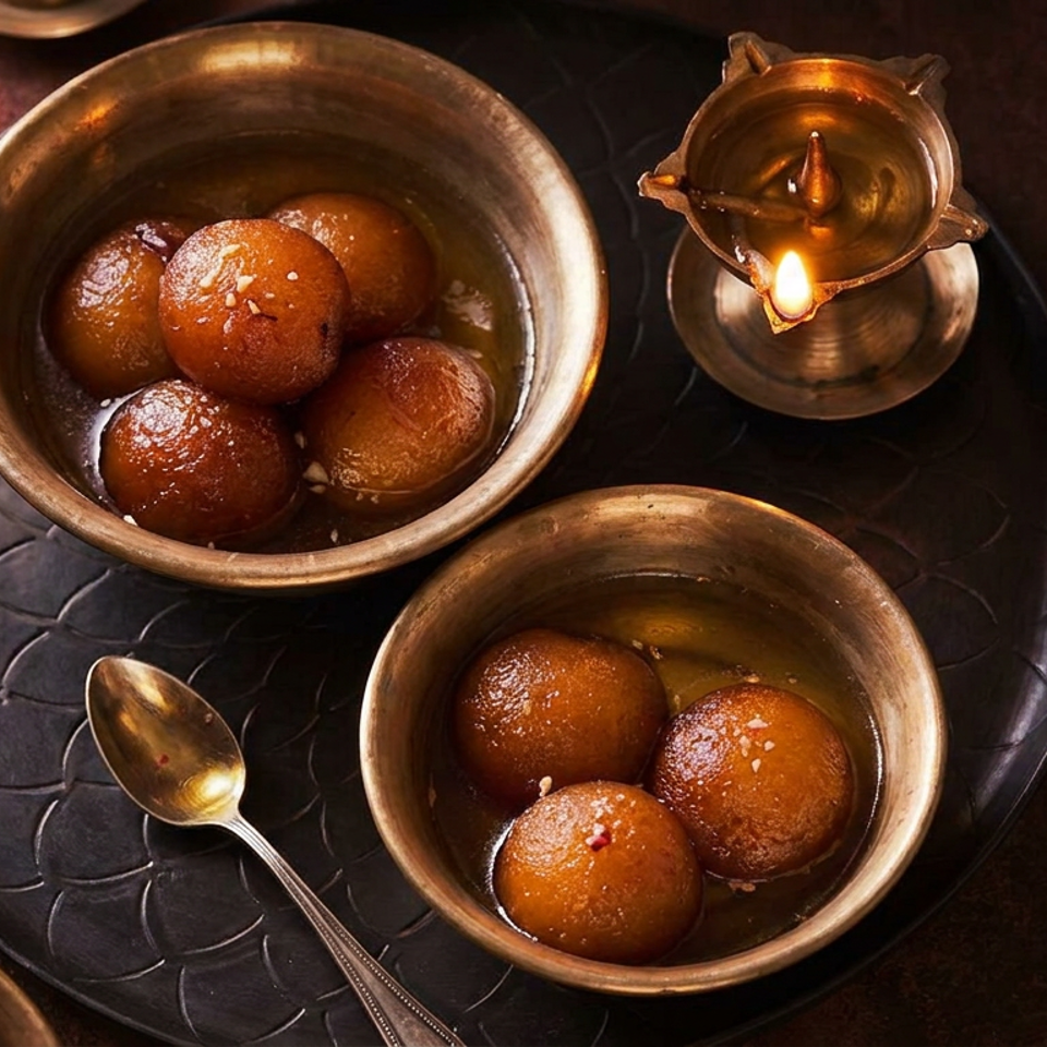 Two bowls of syrup-soaked gulab jamun sit on a dark serving tray beside a lit brass oil lamp and spoon.