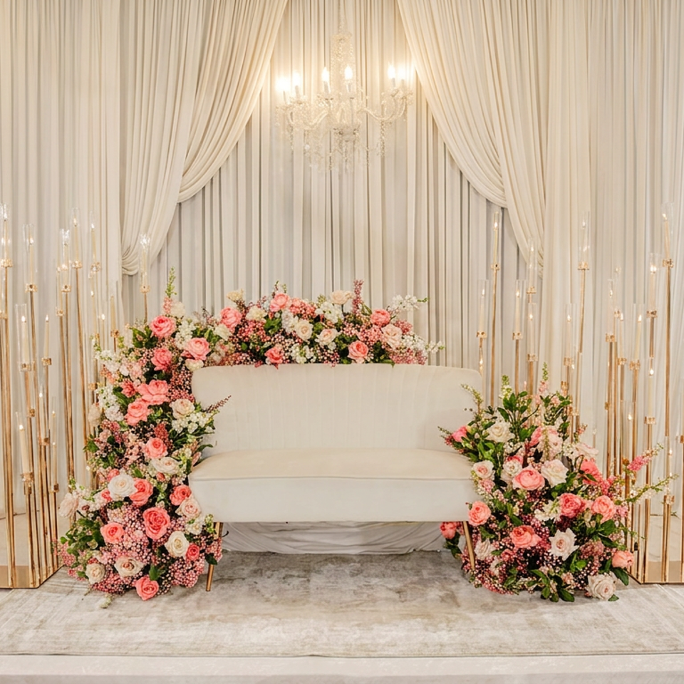 Elegant white draped wedding backdrop with chandelier, floral arrangements, candles, and a cream loveseat.