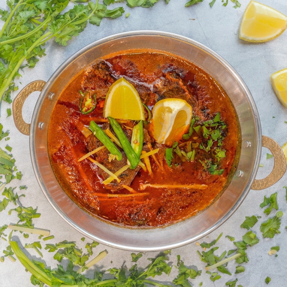 Overhead view of spicy red curry garnished with lemon wedges, green chilies, ginger, and cilantro in a metal serving bowl.