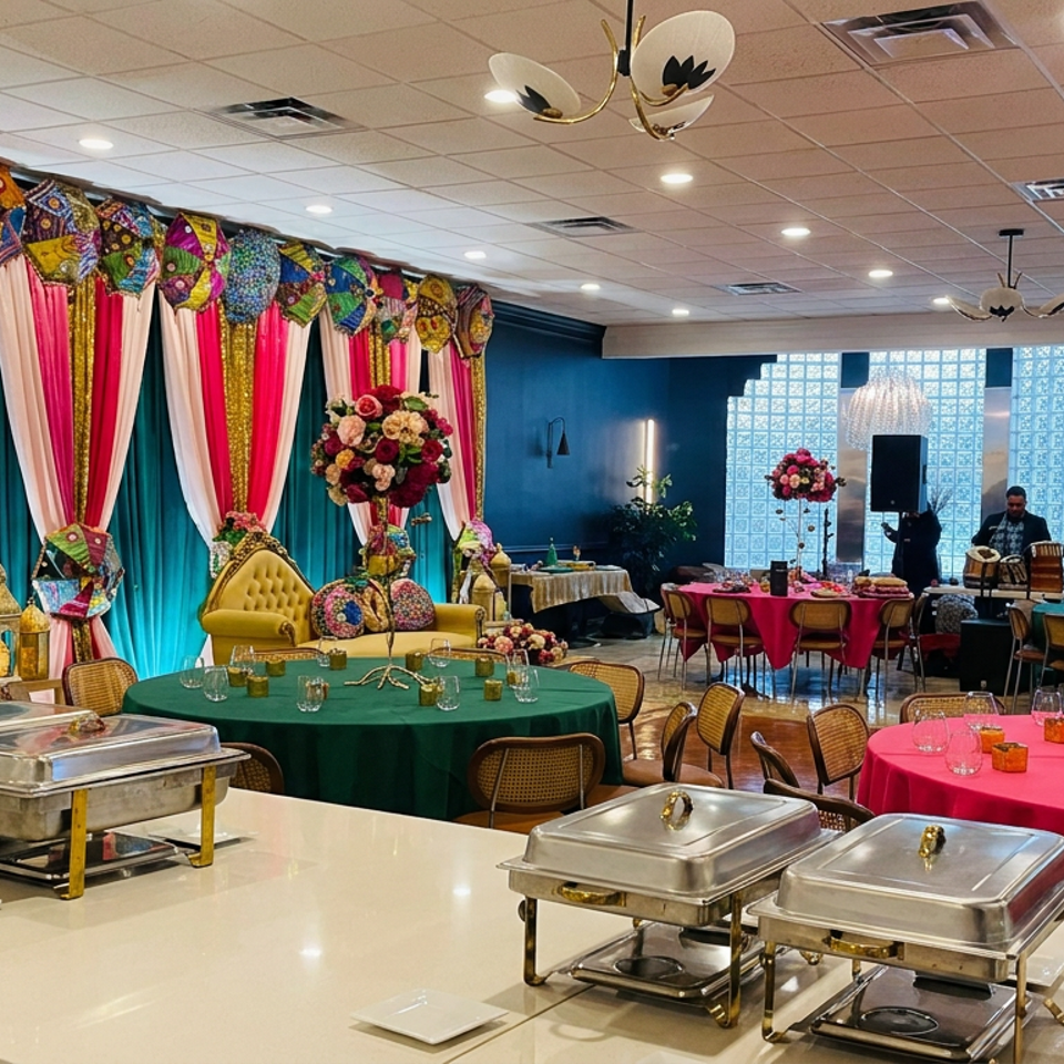 Colorfully decorated restaurant banquet hall with buffet chafing dishes, vibrant round tables, floral centerpieces, and ornate draped backdrop.